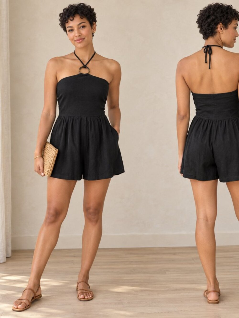 Old Navy Black Strapless Halter Ring Romper Shorts XL Linen Blend